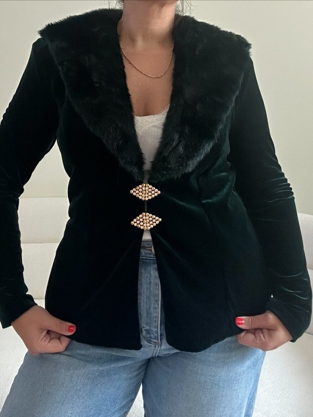 Vintage 90s Aspeed Green Velvet Faux Fur Rhinestone Jacket Blazer XL